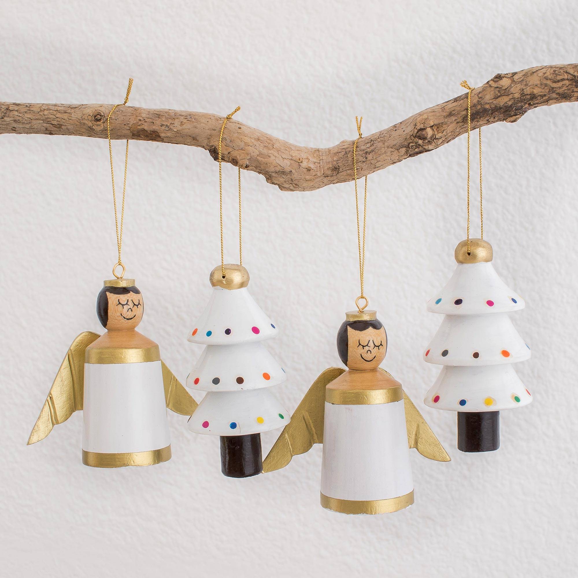 Gilded Christmas in White White Gold Reclaimed Wood Angel Tree Ornaments (Set of 4)