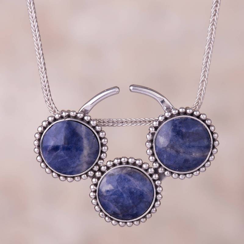 Planetary Trio Circular Sodalite and Silver Pendant Necklace from Peru