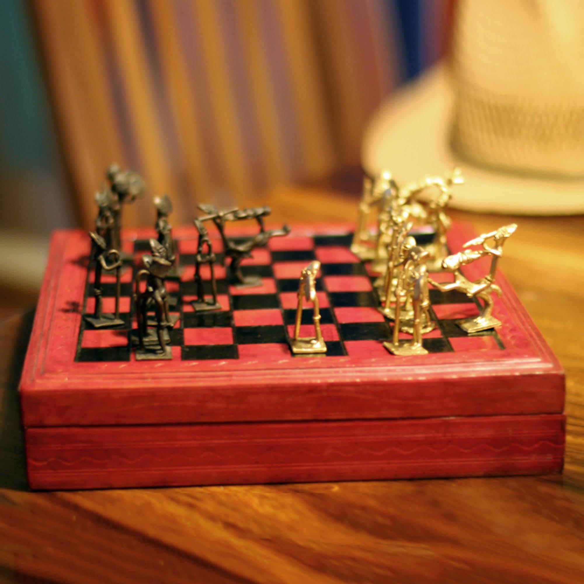 'Tribal Feuds' Handcrafted Wood, Leather and Brass Chess Set made in West Africa