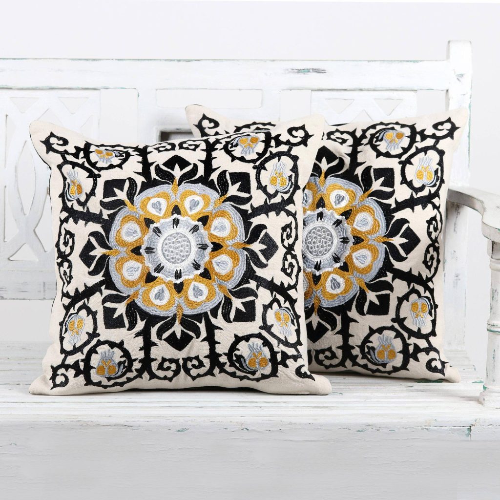 Jaipur Blossom Embroidered Cotton Ecru Cushion Covers from India (Pair) Mixing Eclectic Home Decor from around the world