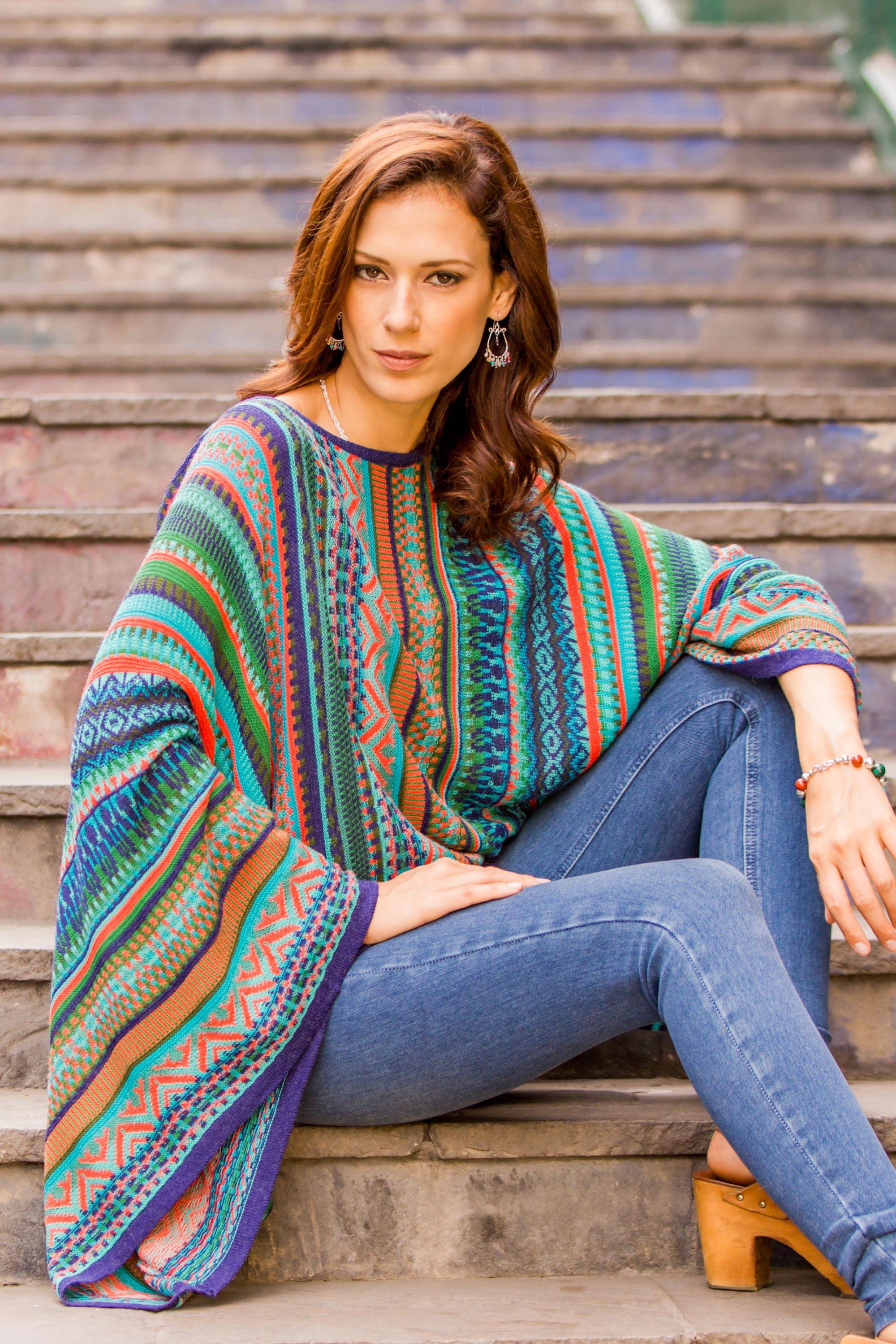 Lima Dance Bohemian Knit Sweater from Peru in Turquoise Stripes Perfect Fall Sweaters