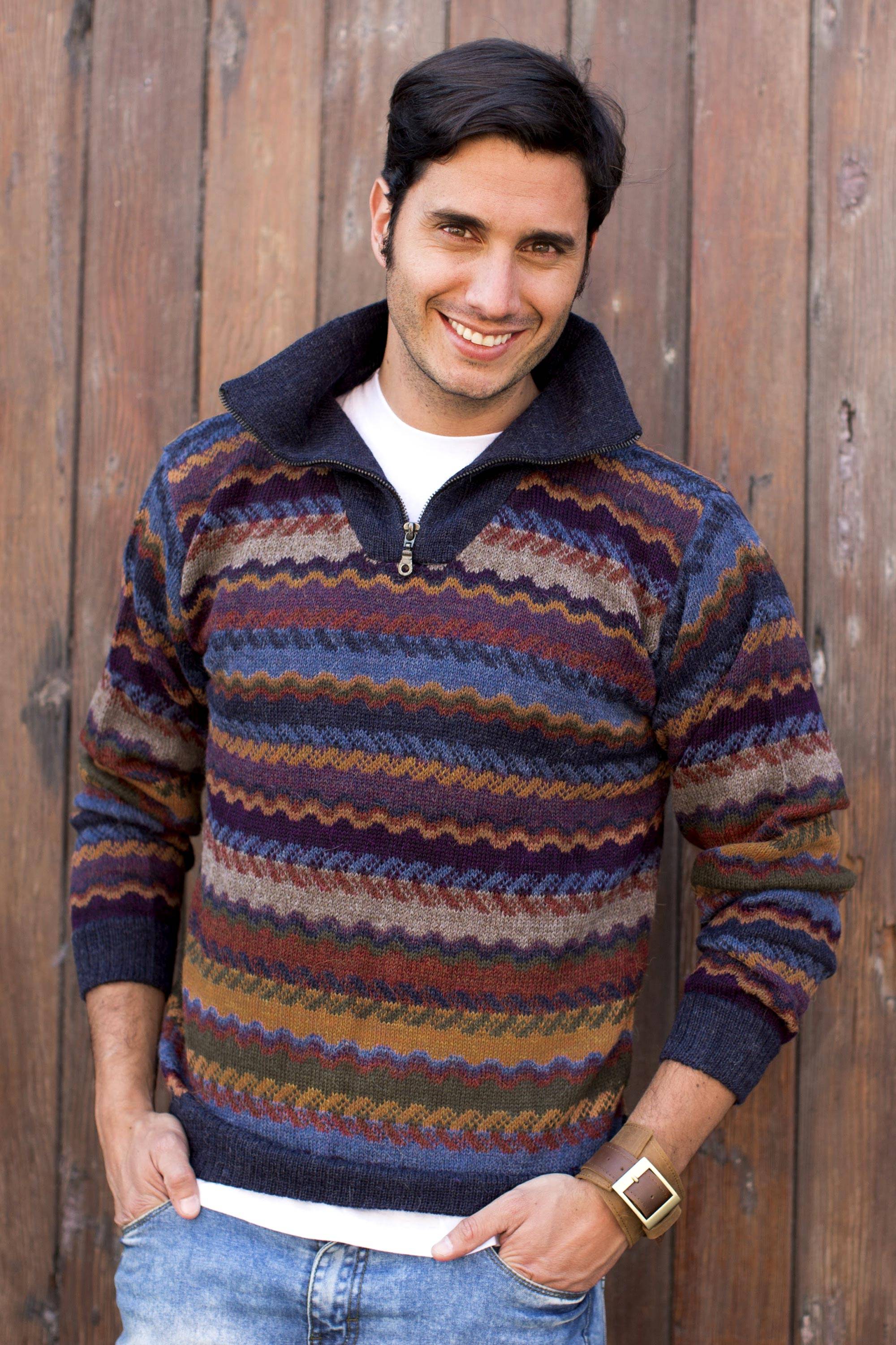 Mountain Life Men's 100% Alpaca Wool Striped Zip Collar Pullover Sweater Perfect Fall Sweaters