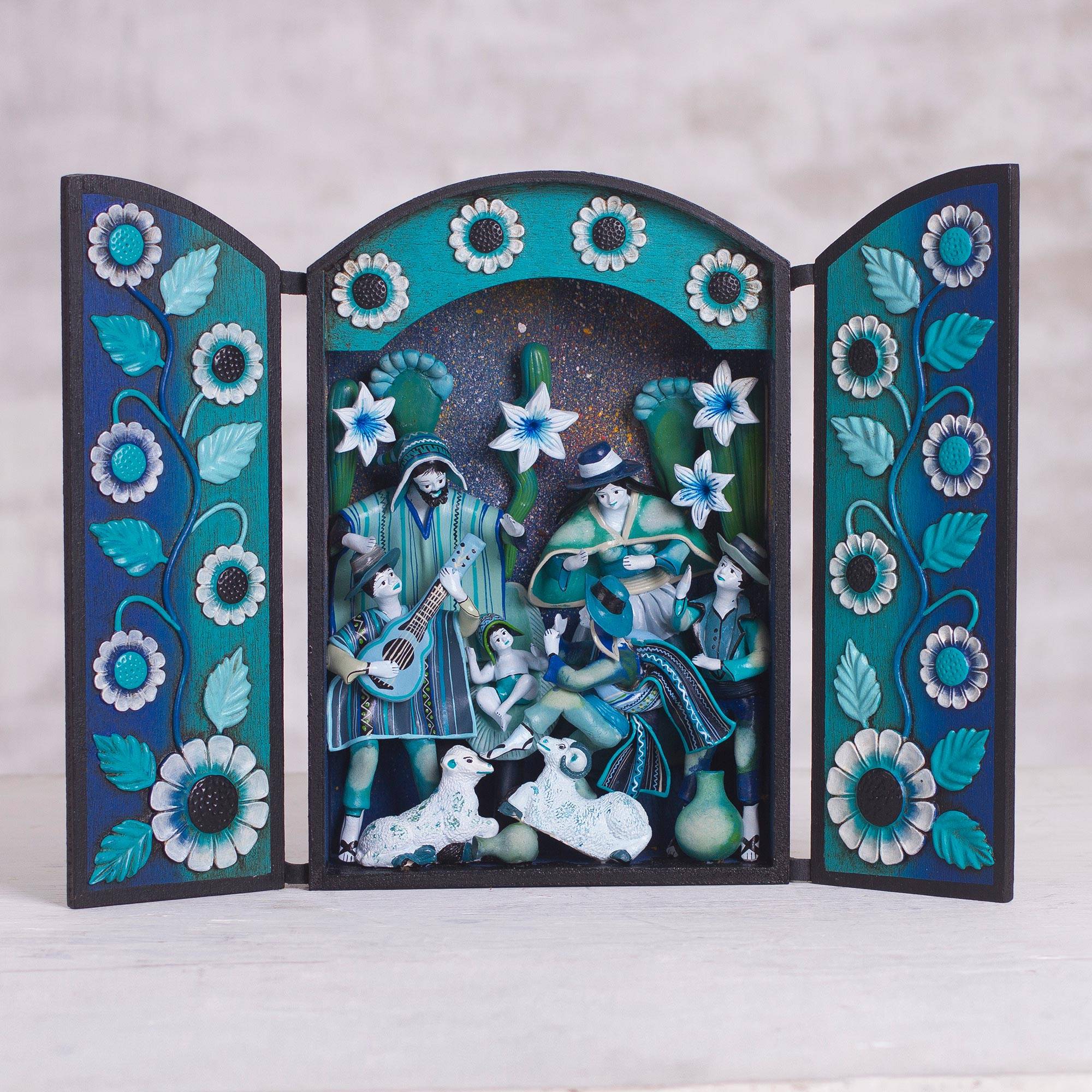 Joyous Night Blue Wood and Plaster Andean Nativity Retablo with Musicians