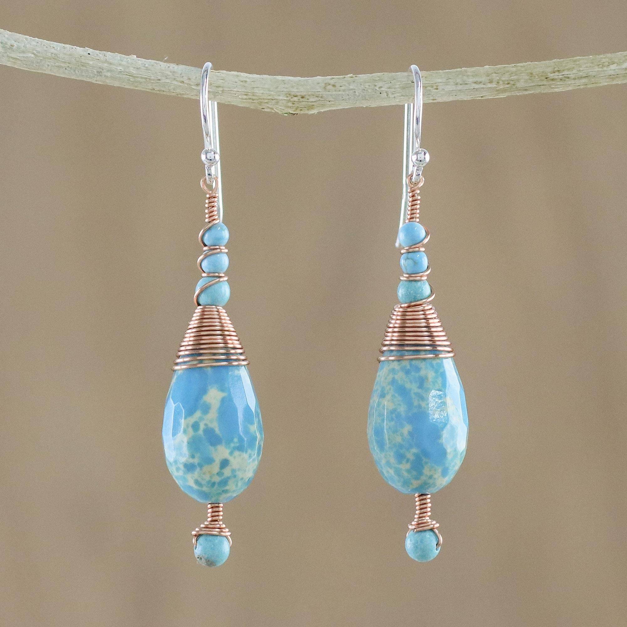 Ornate Rain Magnesite and Calcite Dangle Earrings from Thailand