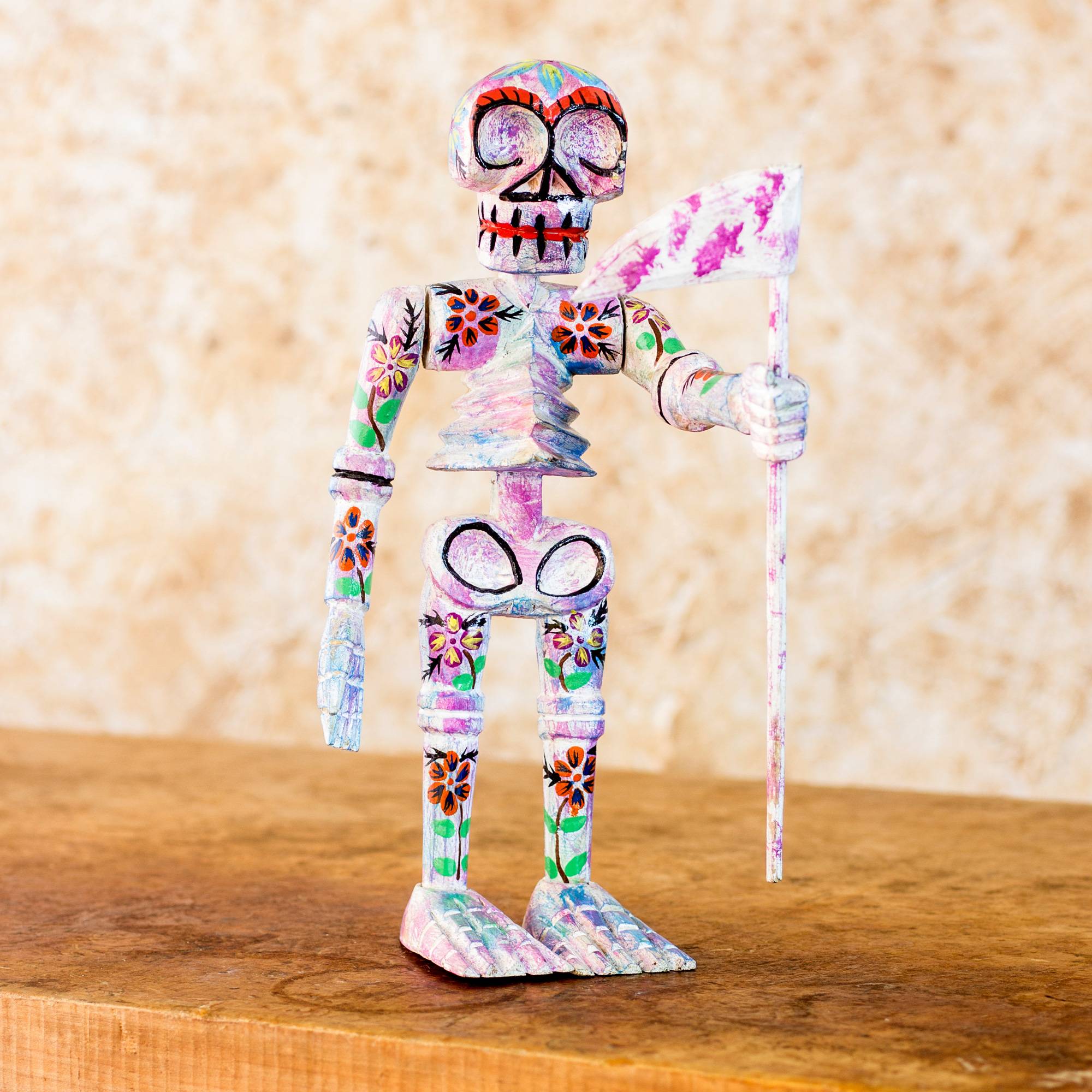 Floral Skeleton Guatemalan Handcrafted Pinewood Skeleton Sculpture