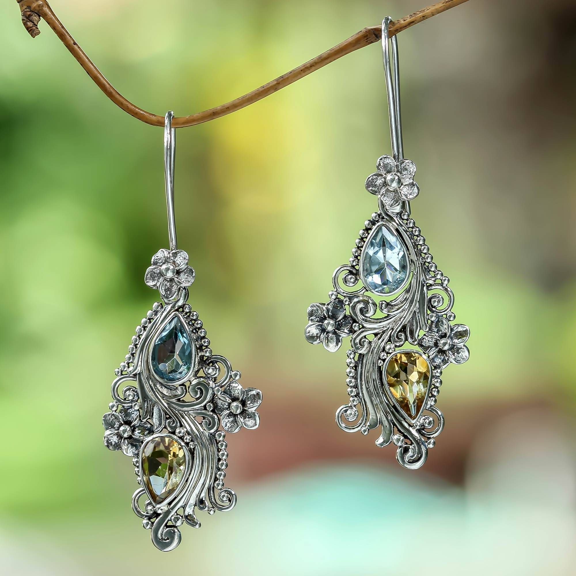 Plumeria Dew Balinese Citrine and Blue Topaz Earrings