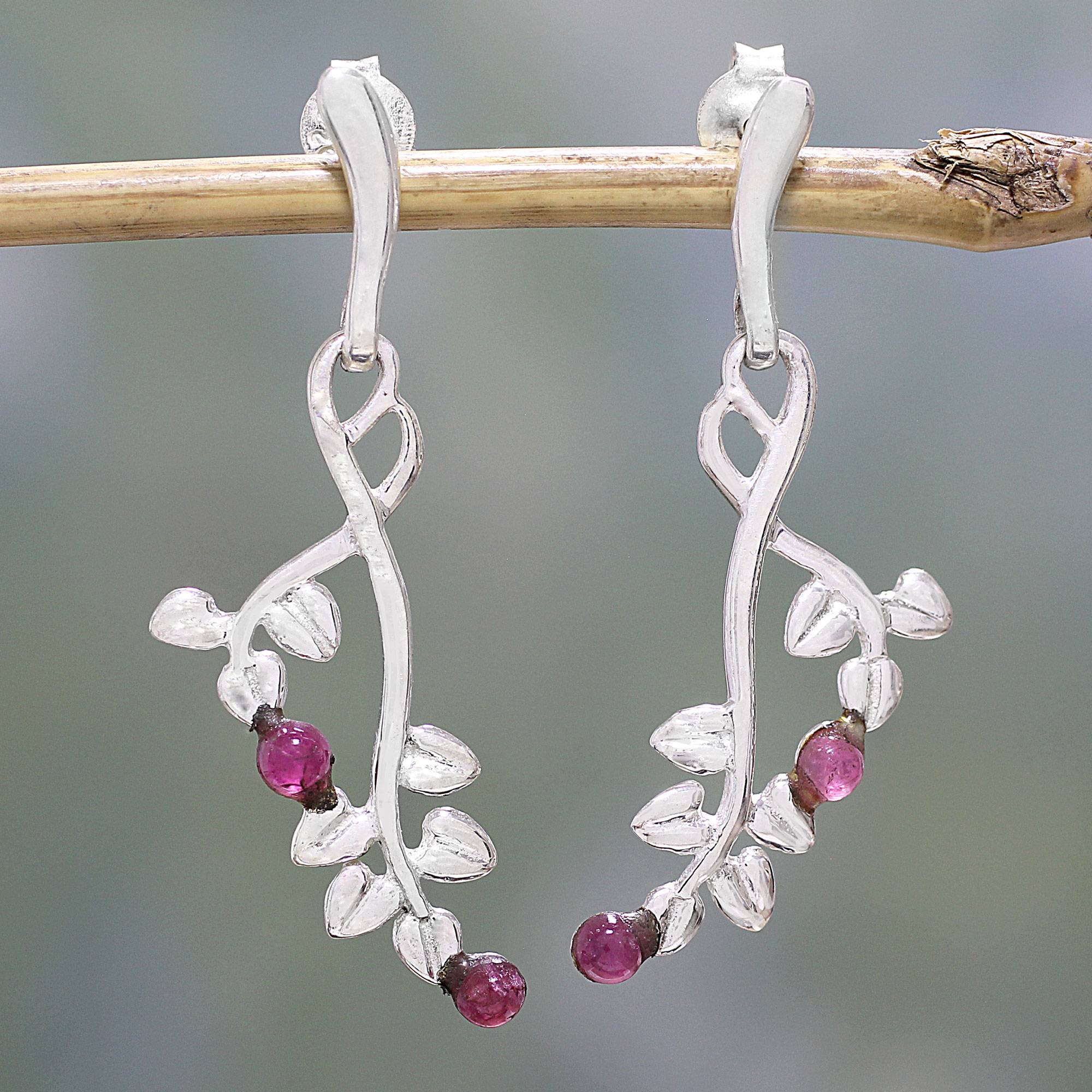 Pink Cherries Tourmaline and Sterling Silver Leaf Earrings from India Tourmaline, The Unknown October Birthstone