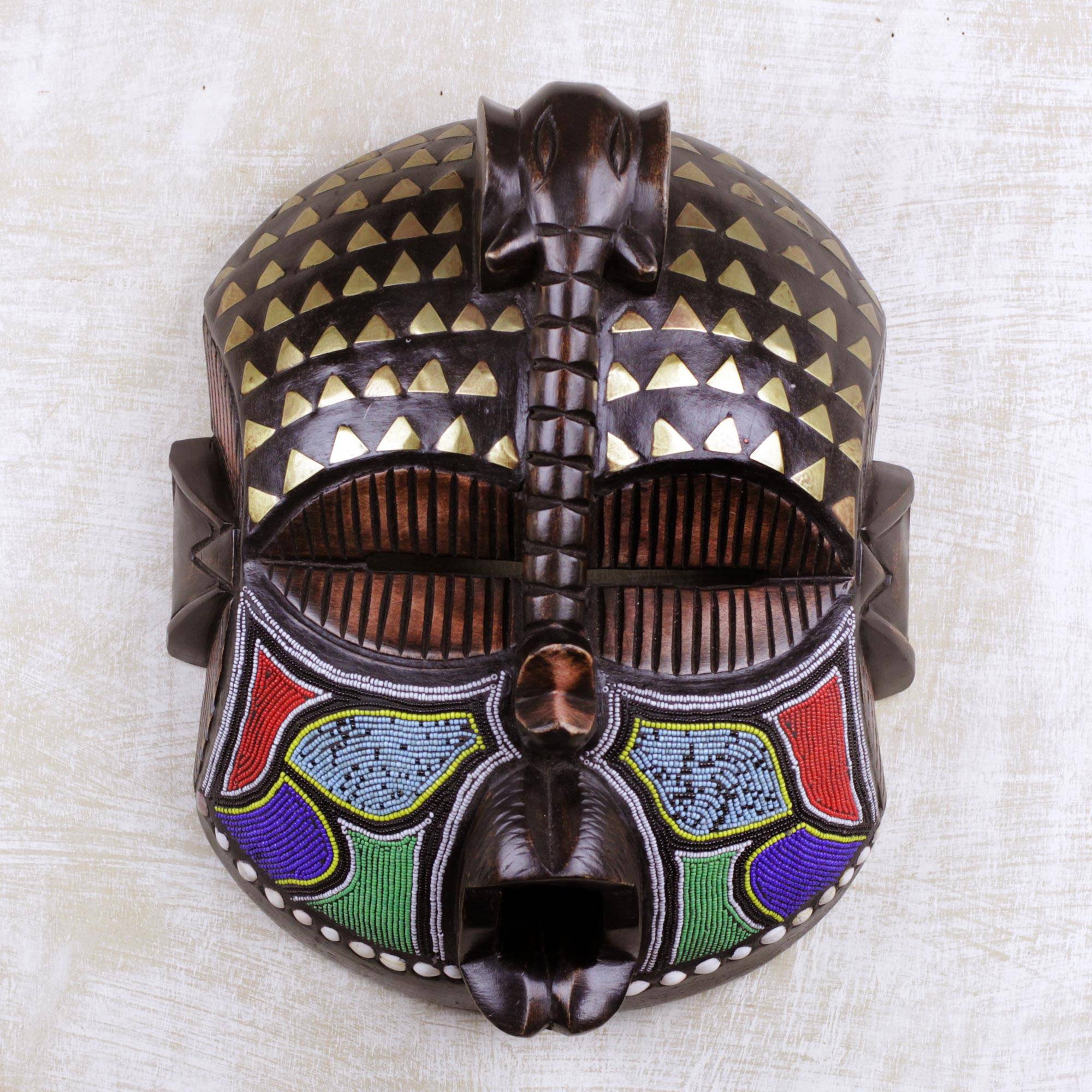 Akyiglinyi Elephant Themed Wood Mask with Brass and Glass Beads