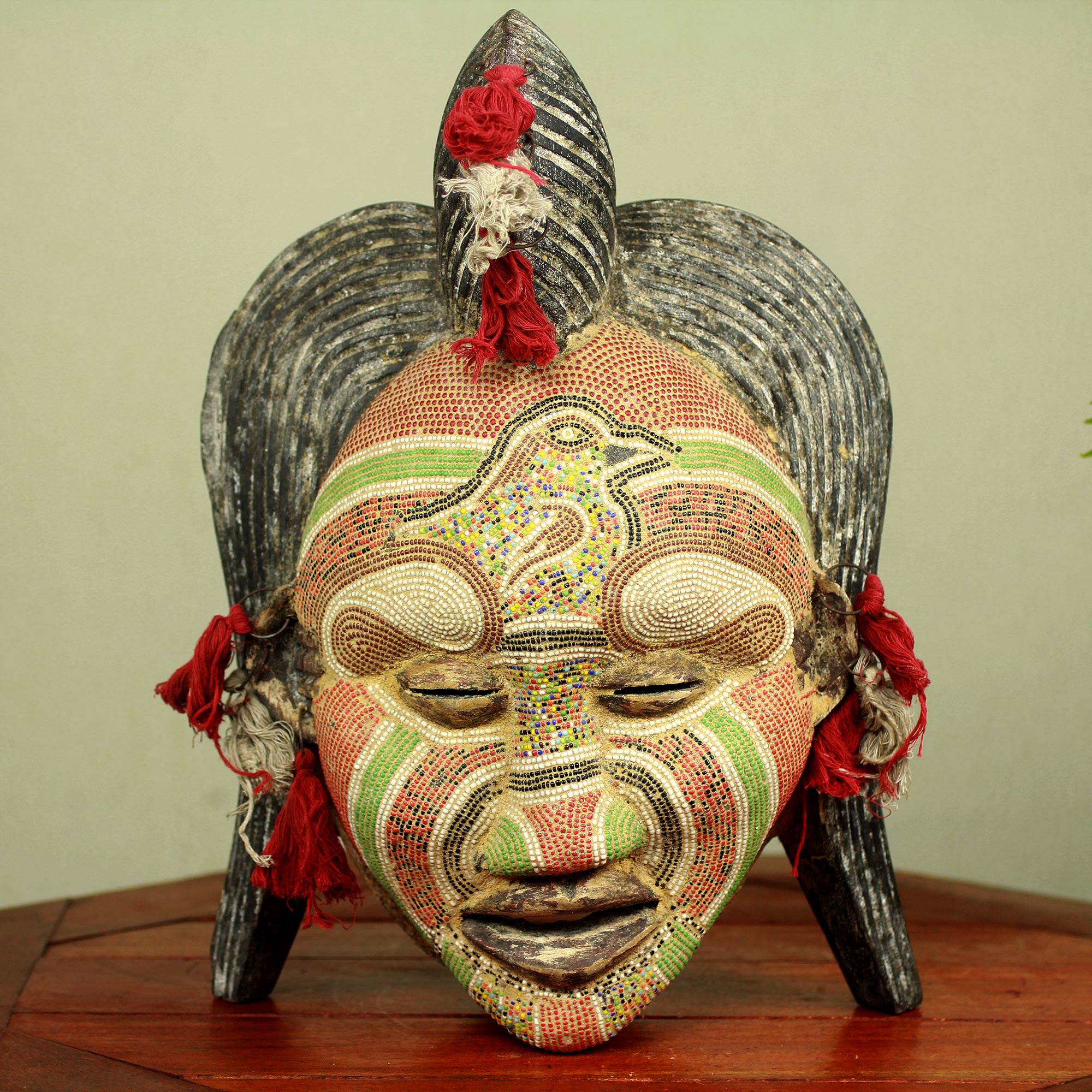 Ancient River Goddess Hand Beaded Wood Mask