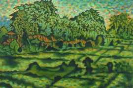 Landscape in Kengetan Pointillist Style Original Painting of a Balinese Village