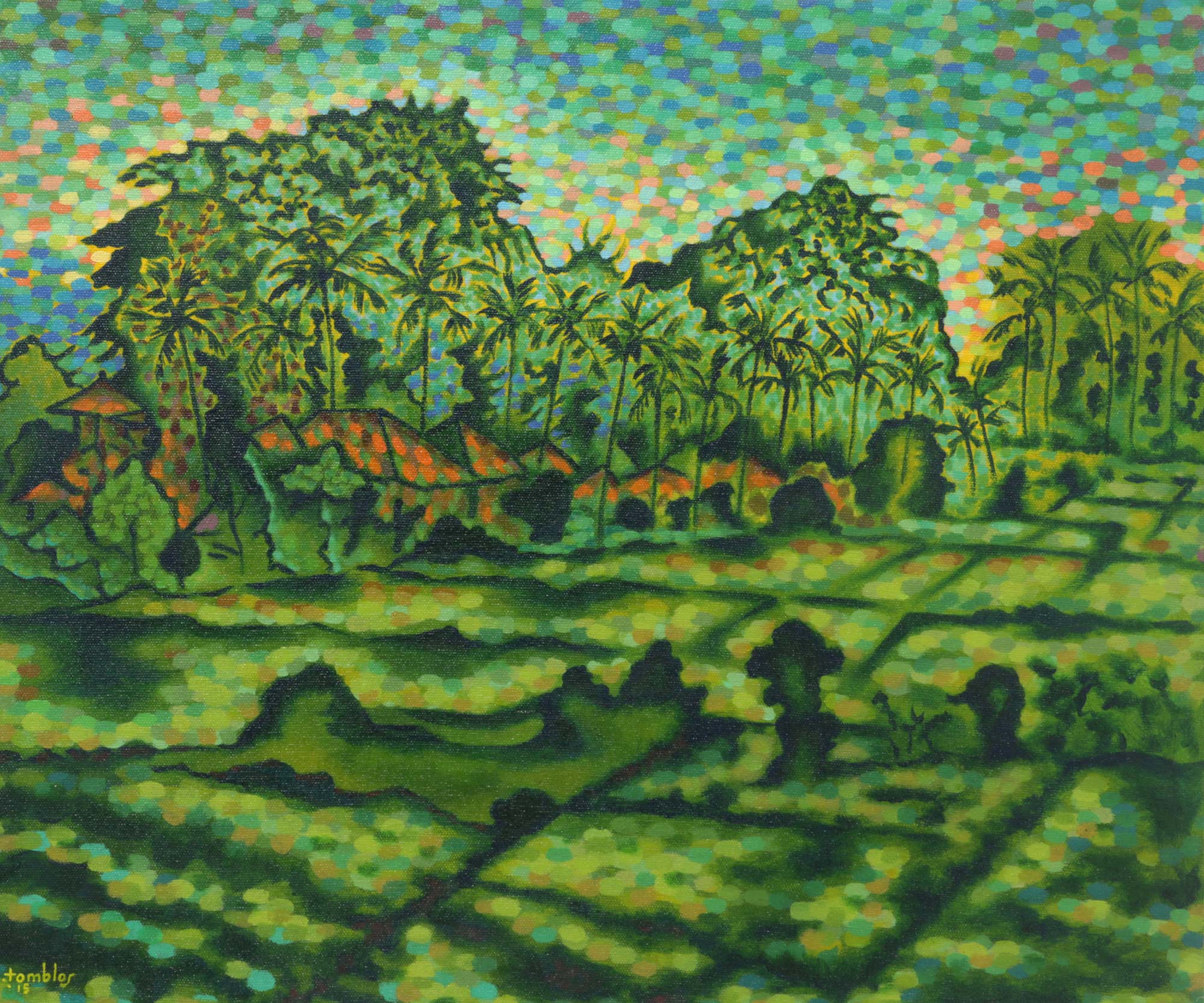 Landscape in Kengetan Pointillist Style Original Painting of a Balinese Village