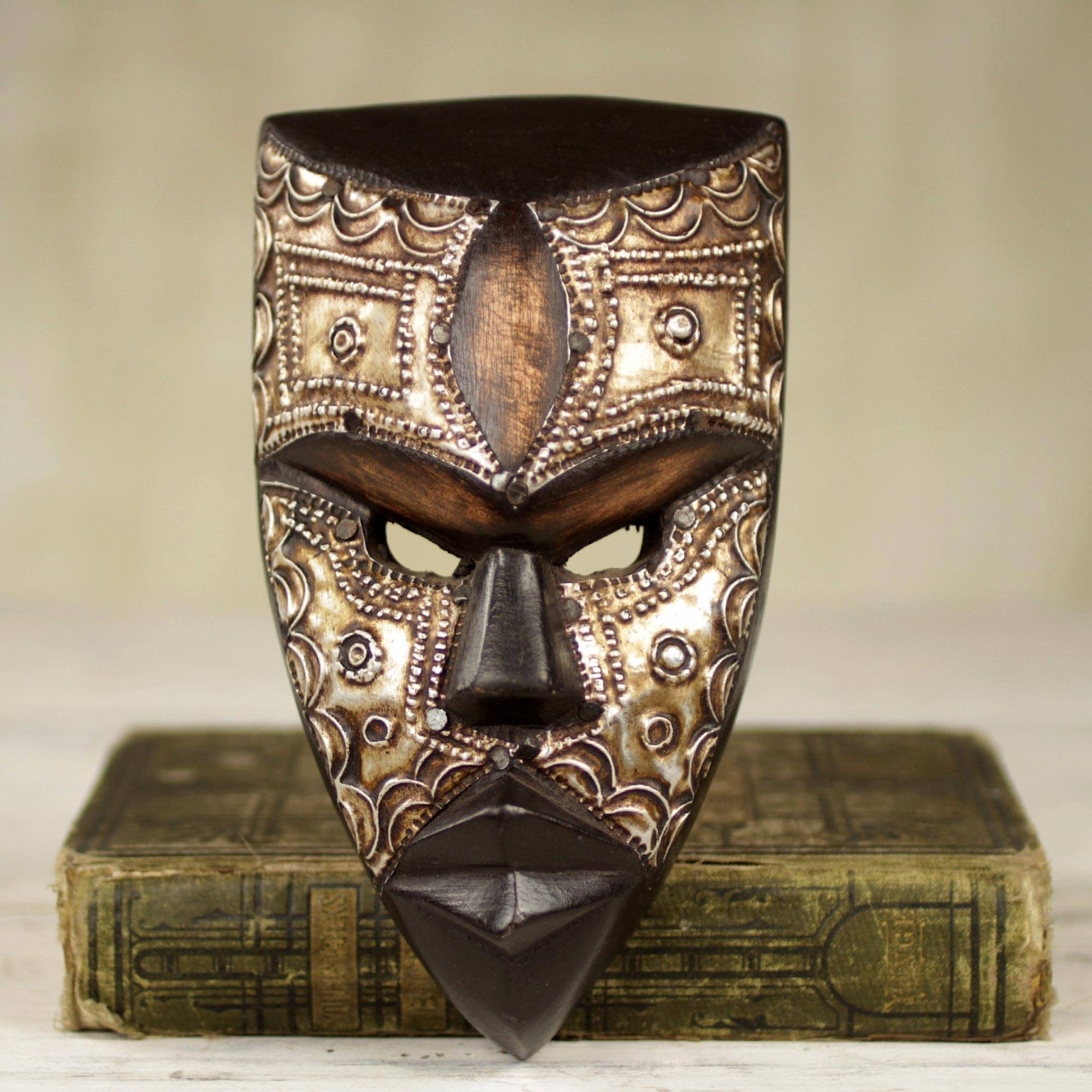 Mbara Hunter Aluminum and Wood African Mask Textured from Ghana