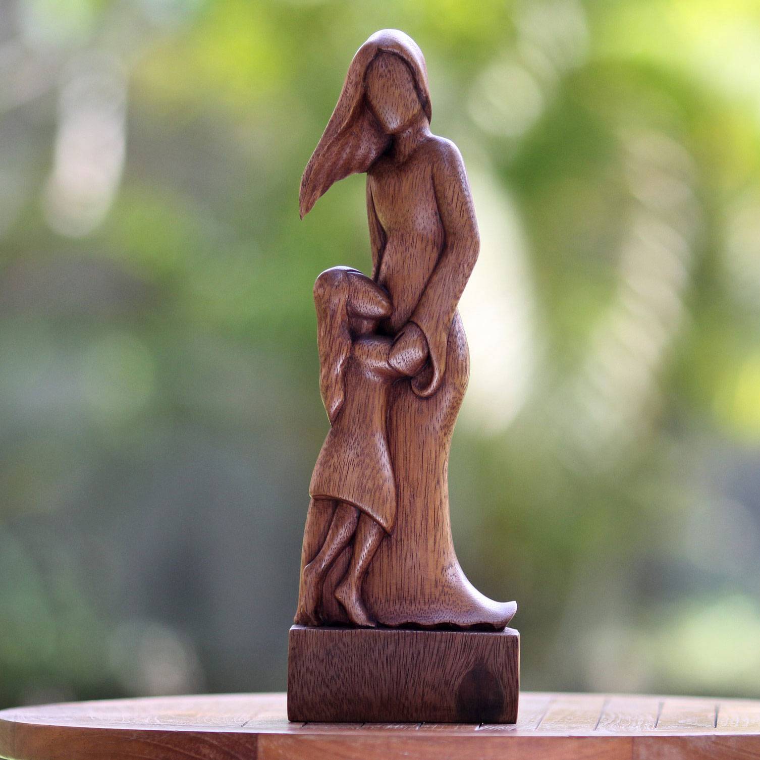 Mother and Daughter Artisan Crafted Wood Family Sculpture Festive Thanksgiv...