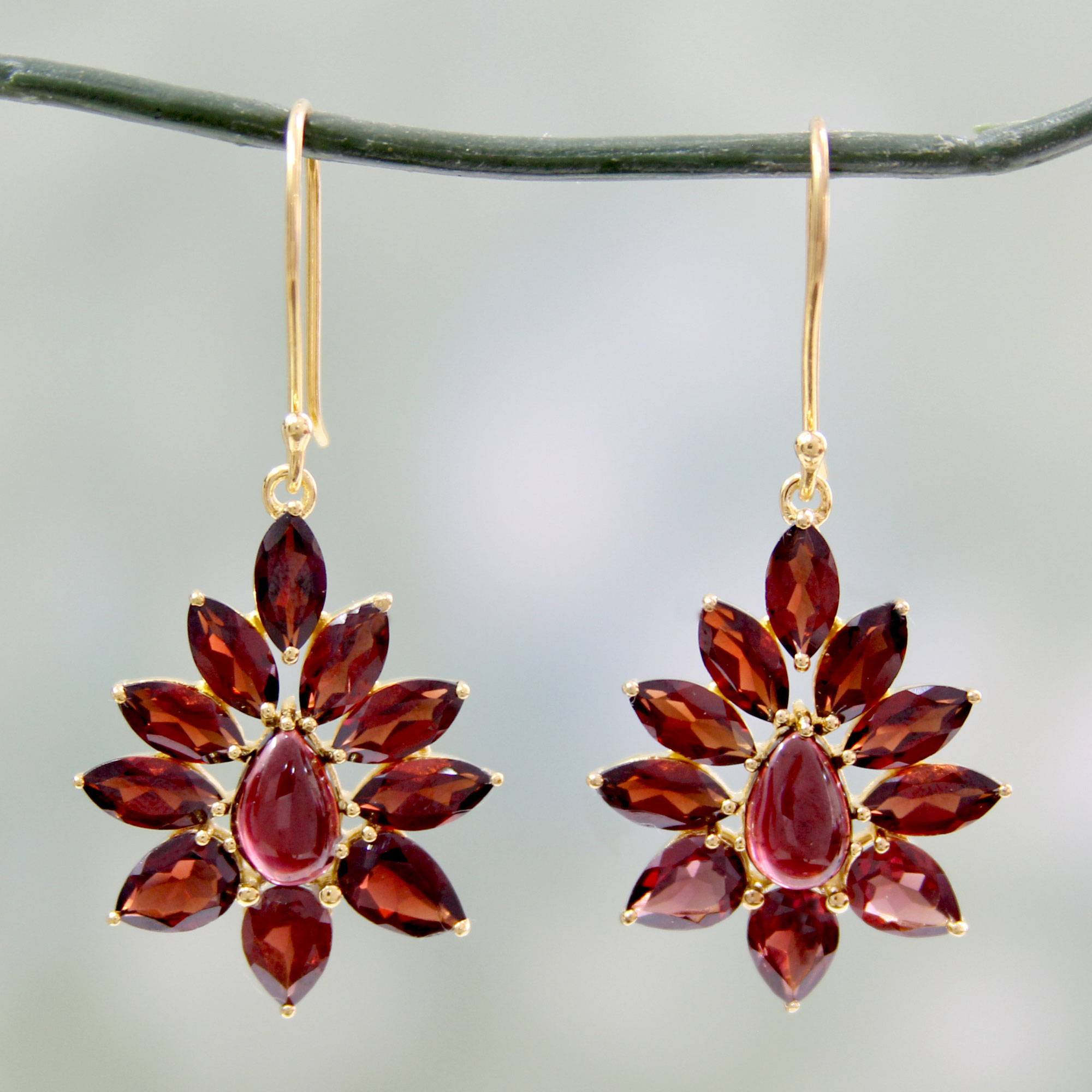 Earrings Guide 'Claret Sunburst' Hand Crafted 18k Gold Plated Earrings with Garnets