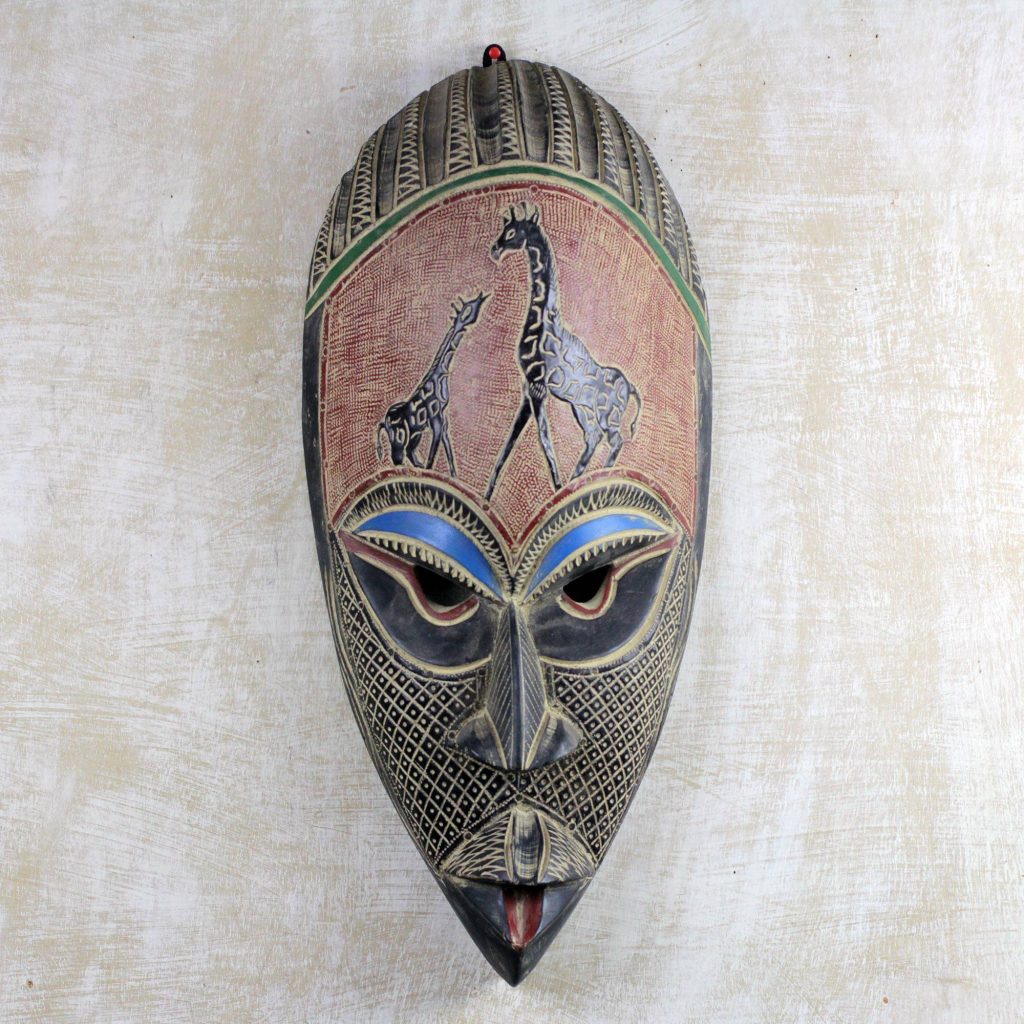 Giving Thanks Hand Carved Rubberwood African Mask Wall Art from Ghana Festive Thanksgiving Decor