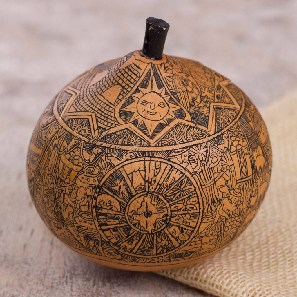 Andean Trilogy Hand Carved Andean Trilogy Sun and Moon Gourd Decorative Box Festive Thanksgiving Home Decor