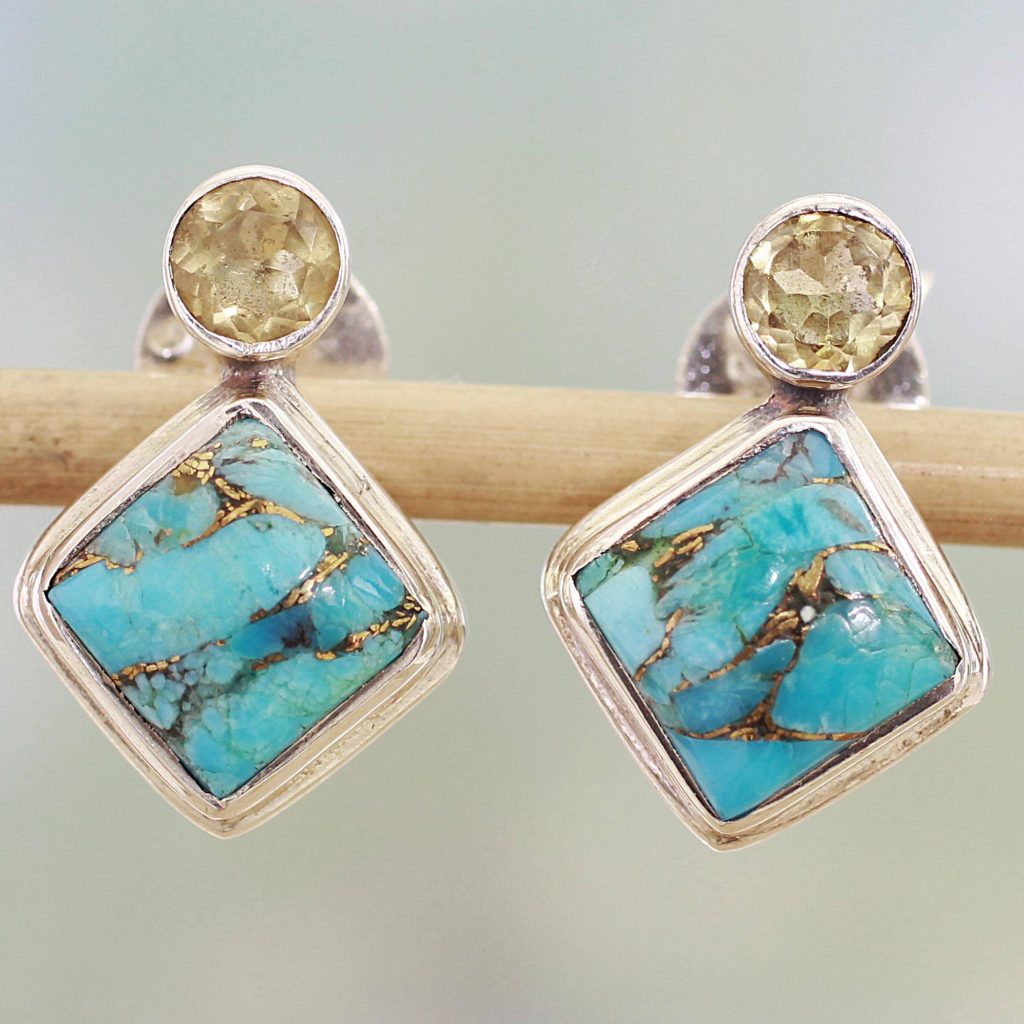 Indian Citrine Earrings with Composite Blue Turquoise, "Turquoise Sparkle"