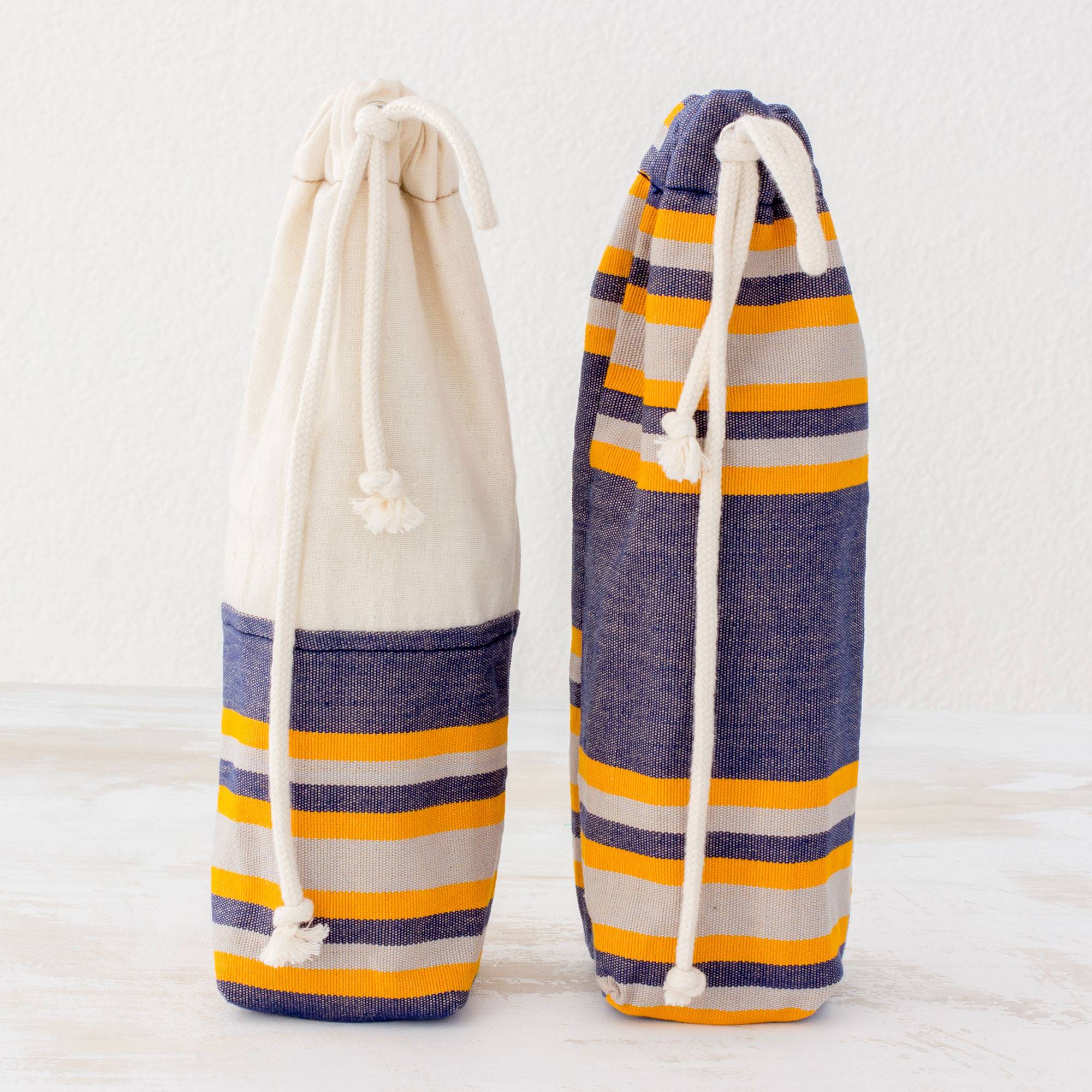 Pleasant Day Two Handwoven Cotton Wine Bags in Indigo 