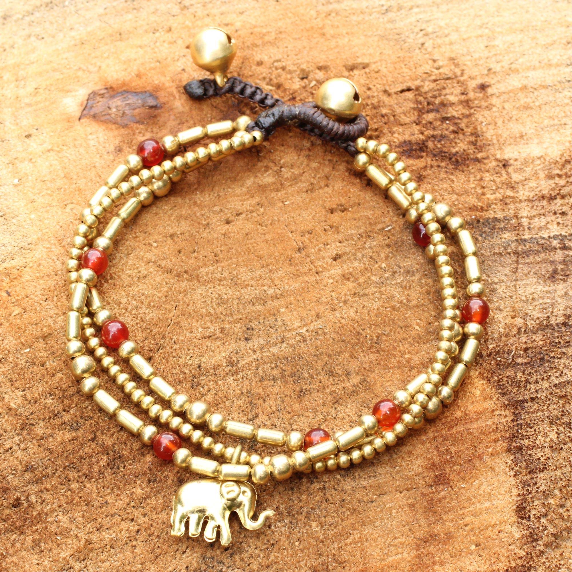 Christmas Décor Thai Elephant Charm Brass Bracelet Carnelian Gems Beaded Jewelry