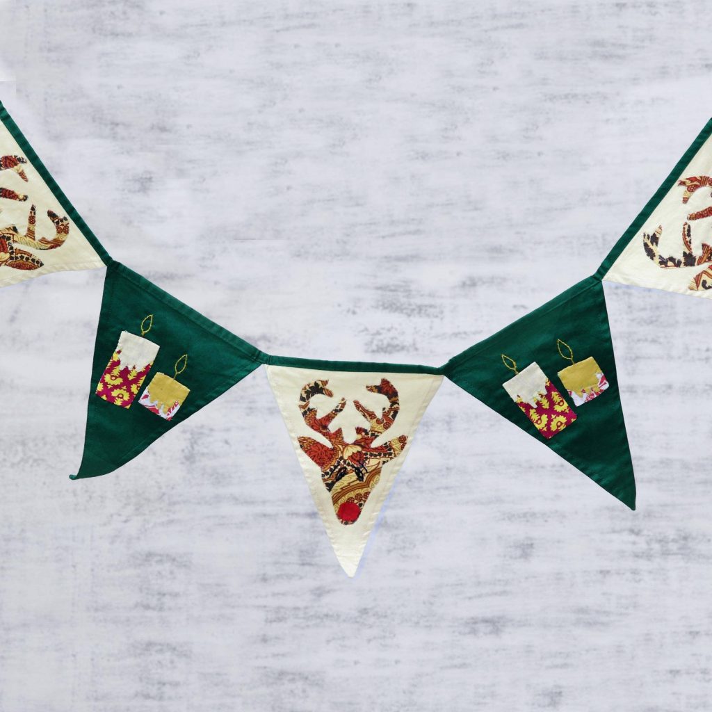 Green and Beige Cotton Christmas Bunting from India Christmas Décor