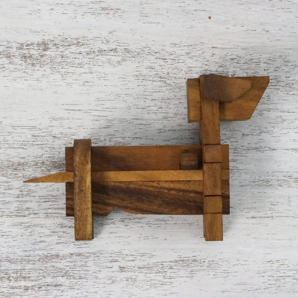 'Excited Puppy' Handcrafted Wood Dog-Shaped Puzzle from Thailand Christmas Décor