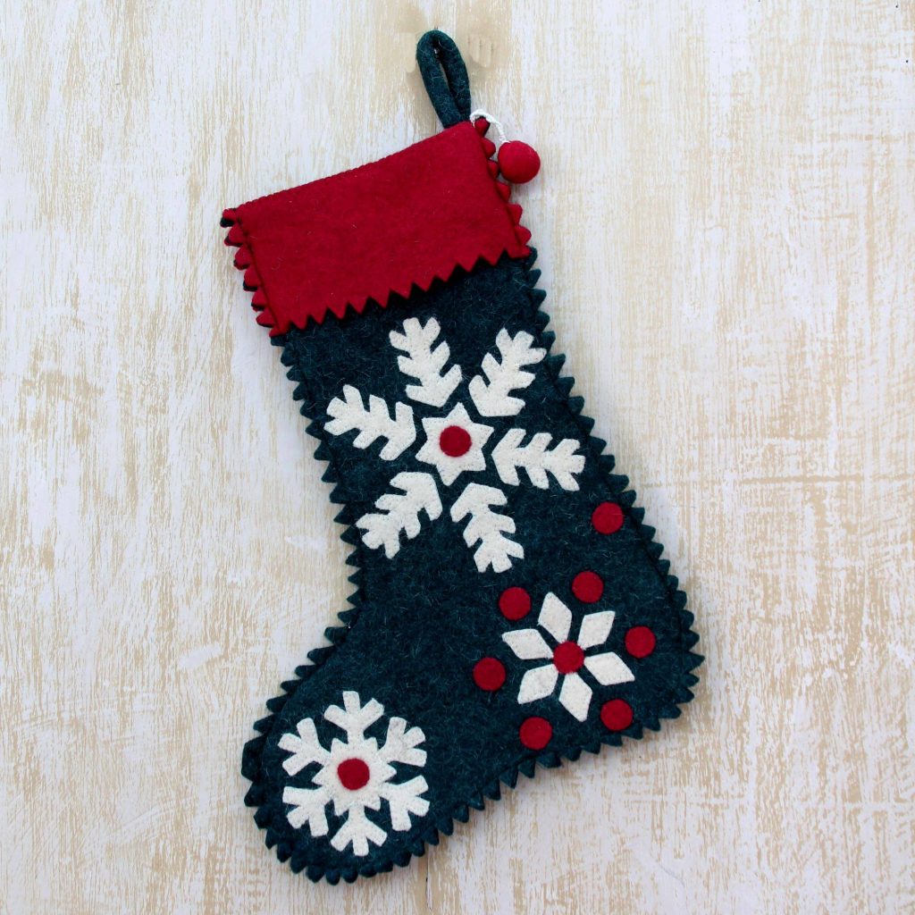 Snowflake Motif Holiday Stocking in Green Wool Felt Christmas Décor