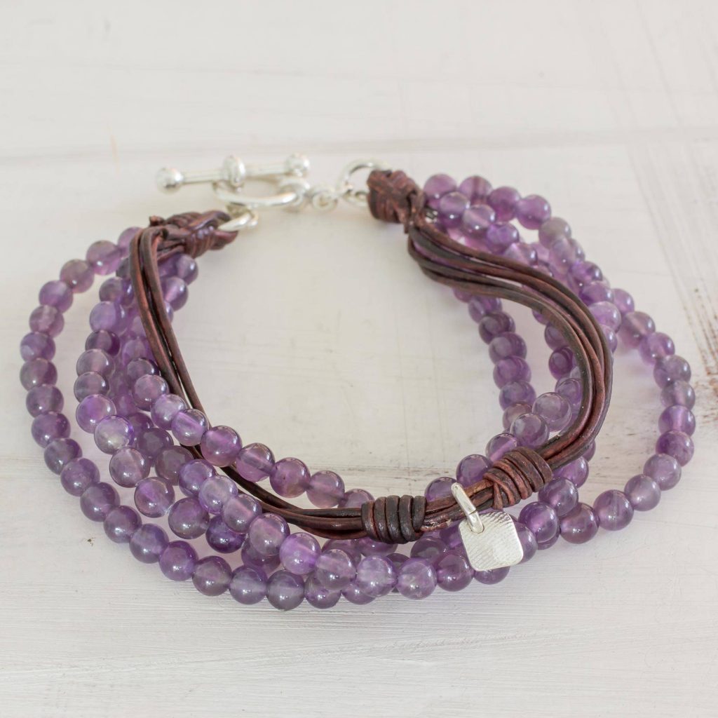 Feminine Sweetness Amethyst Leather and Fine Silver Beaded Wristband Bracelet