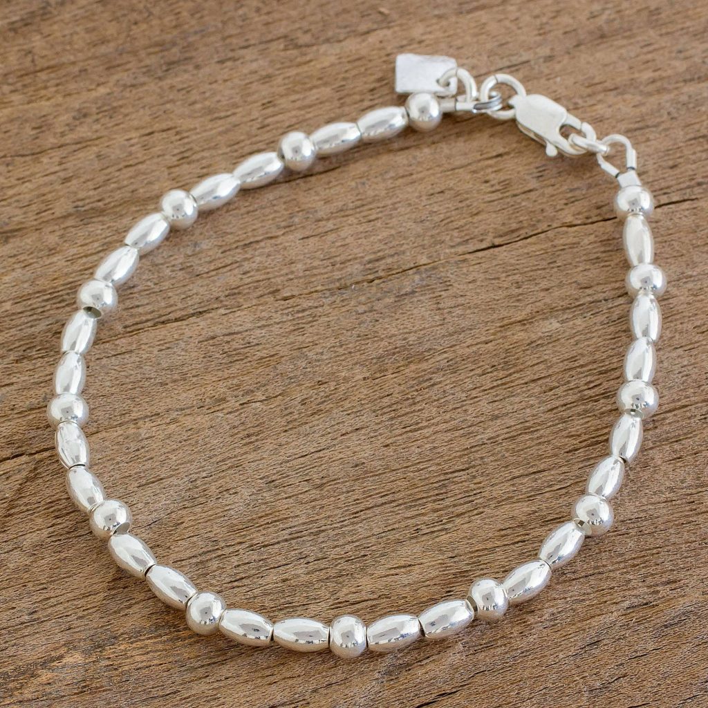 Gleaming Combination High-Polish Sterling Silver Beaded Bracelet