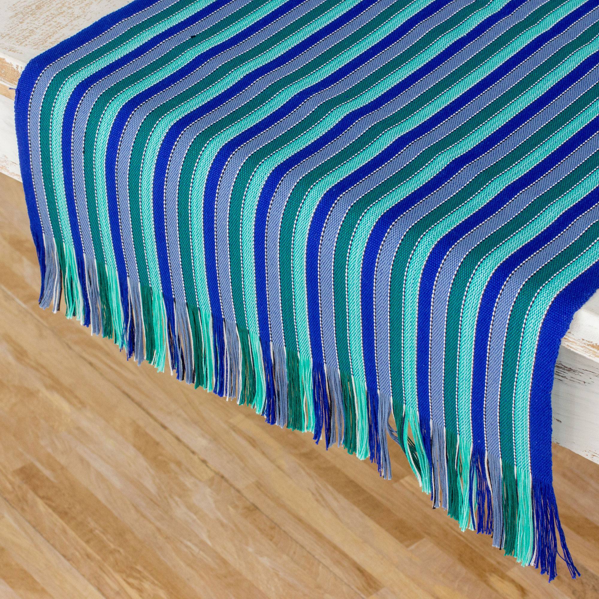 Ocean Memory Blue and Green Striped 100% Cotton Table Runner