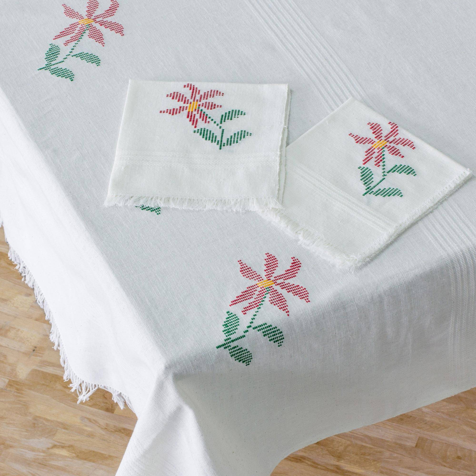 Poinsettia Grace White Floral Cotton Table Linen Set
