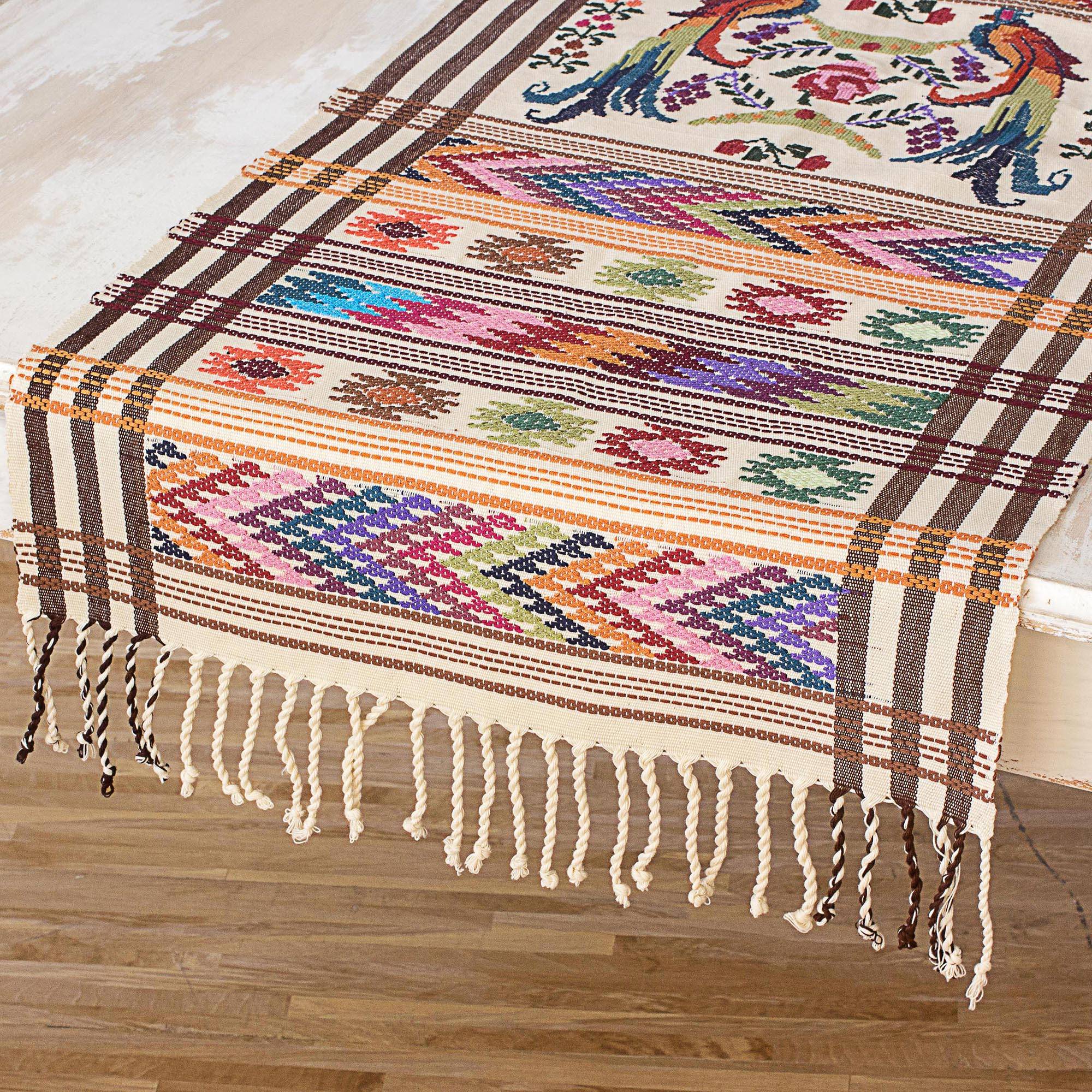 Sacred Quetzal Handwoven Guatemalan Cotton Table Runner with Quetzal Birds