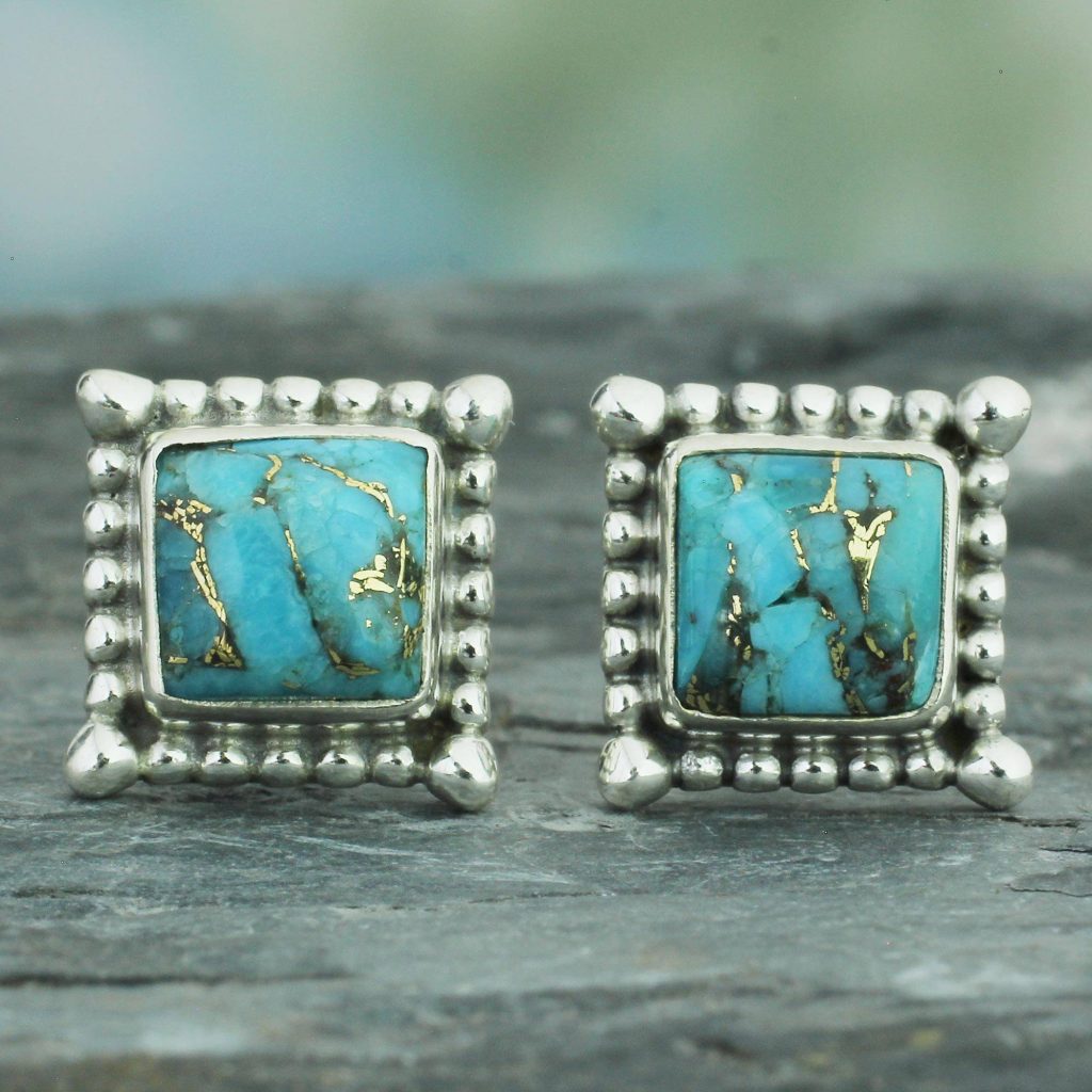 Magical Blue Composite Turquoise Stud Earrings Handmade in India Practical 