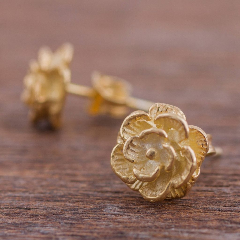 Precious Gardenia Gold Plated Silver Stud Earrings Floral Shapes from Peru Practical and Versatile