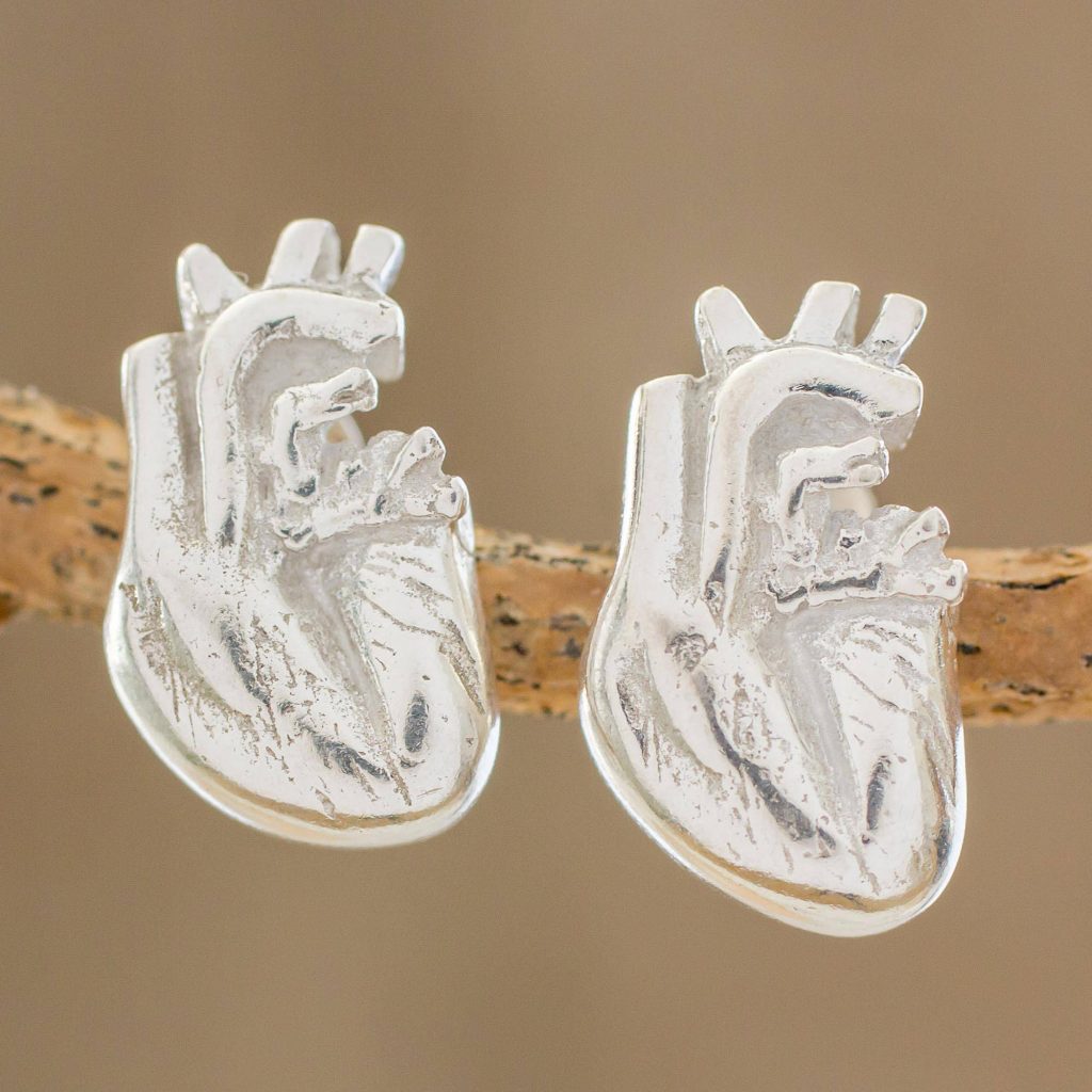 True Heart Handcrafted Sterling Silver Anatomical Heart Button Earrings Valentine's Day Gifts