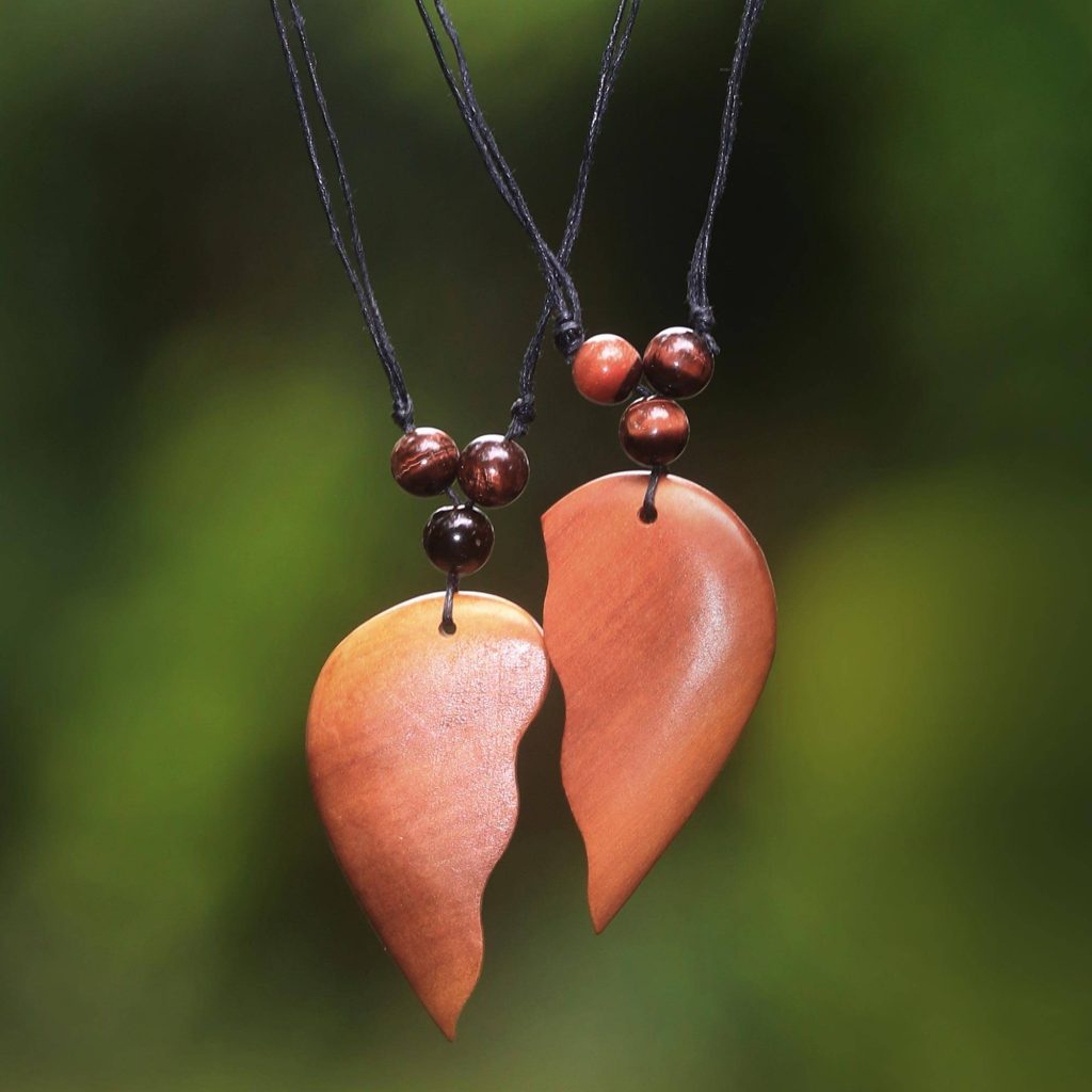 'Shared Heart' Matching Heart Halves Wood Pendant Necklaces (Pair) Valentine's Day Gifts