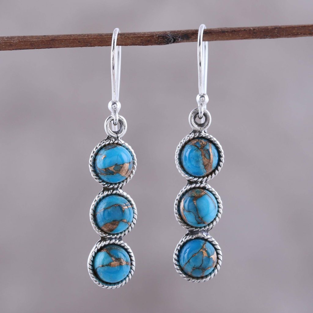 Circular Sterling Silver and Composite Turquoise Earrings, "Dancing Circles"