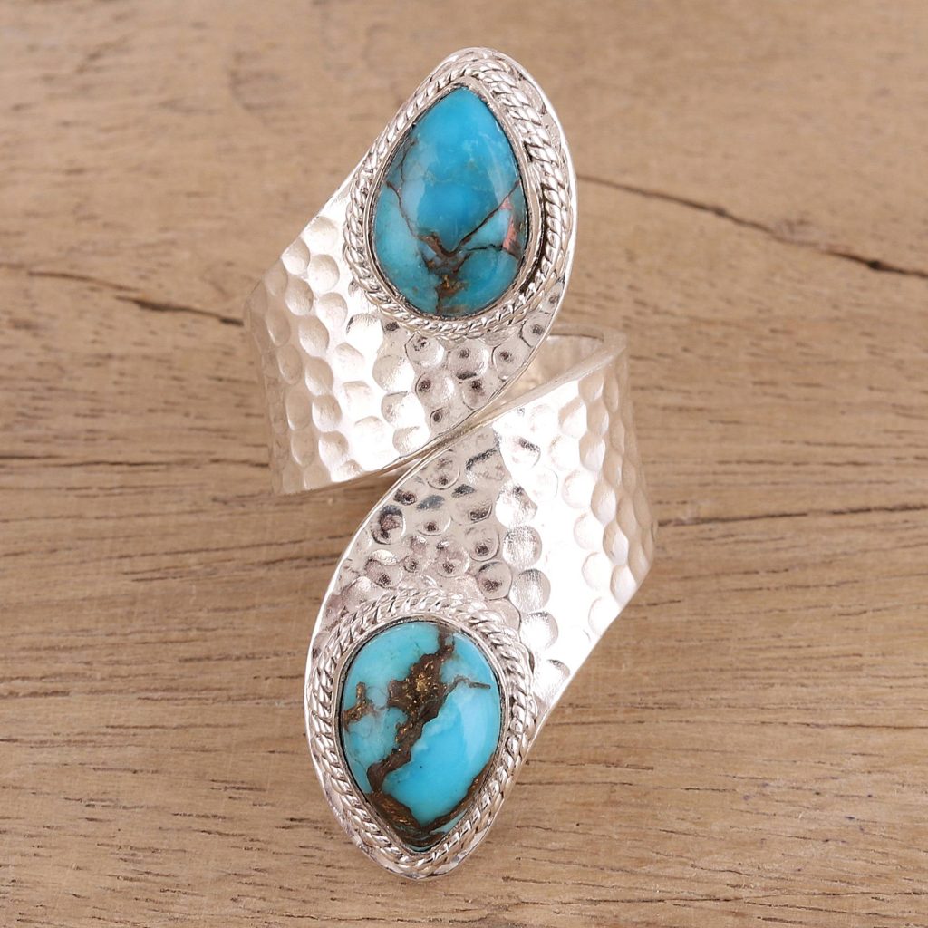 Composite Turquoise and Sterling Silver Wrap Ring from India, "Dreamy Duo"