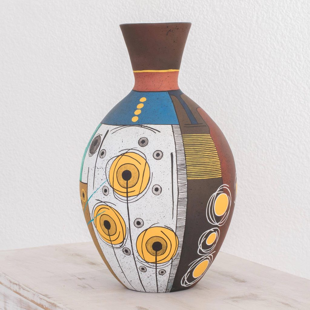 Handmade Nicaraguan Ceramic Vase With Painted Art, "Abstract City"