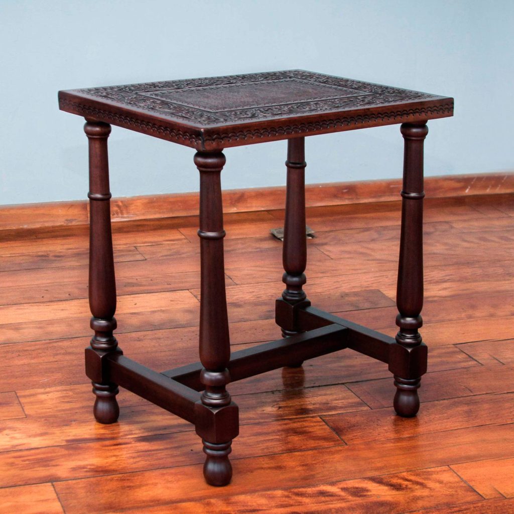 Mohena Wood End Table with Brown Hand Tooled Leather, "Brown Colonial Foliage" Entryway home decor 