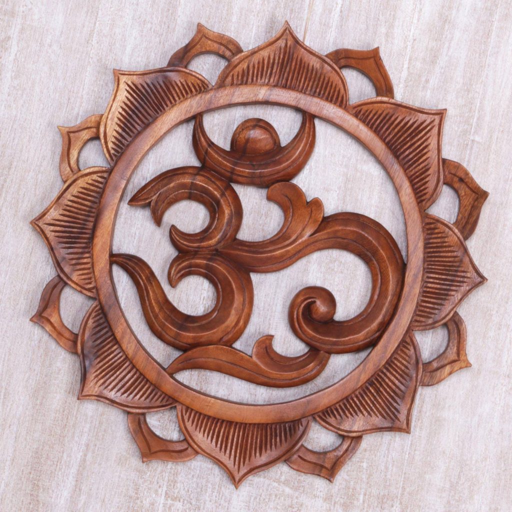 Hand Carved Wood Floral Lotus Om Relief Panel from Bali, "Om Petals" Entryway Home Decor