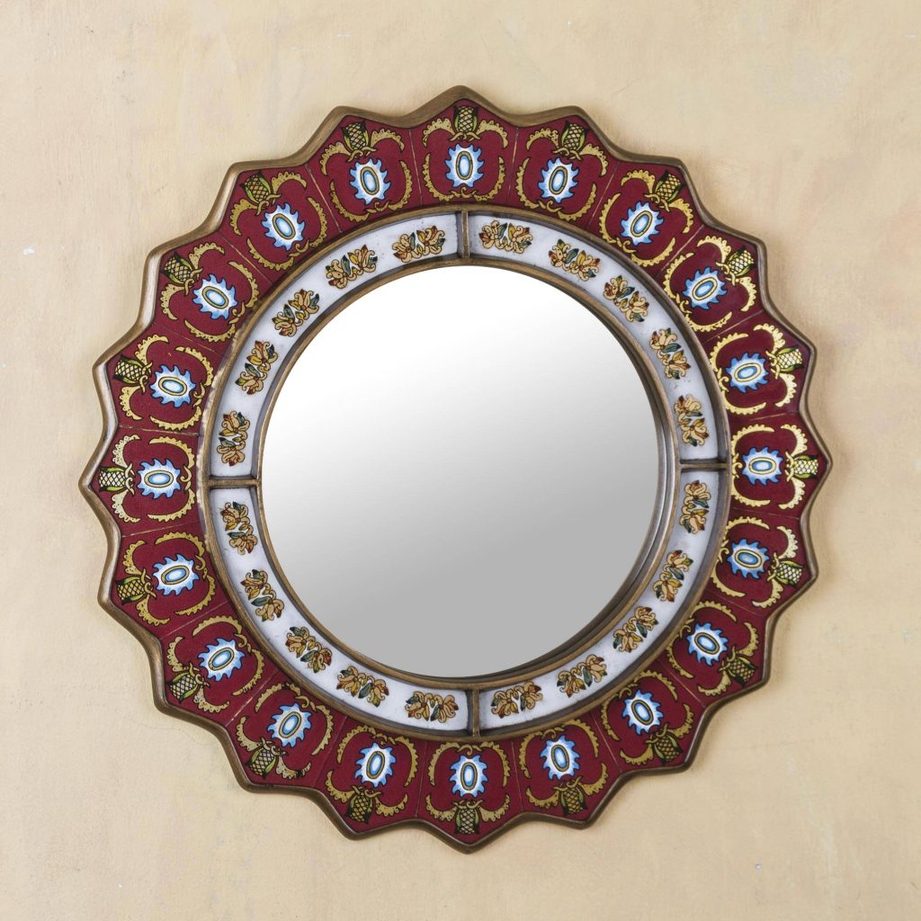 Red Reverse-Painted Glass Wall Mirror from Peru, "Ruby Medallion" Entryway Home Decor