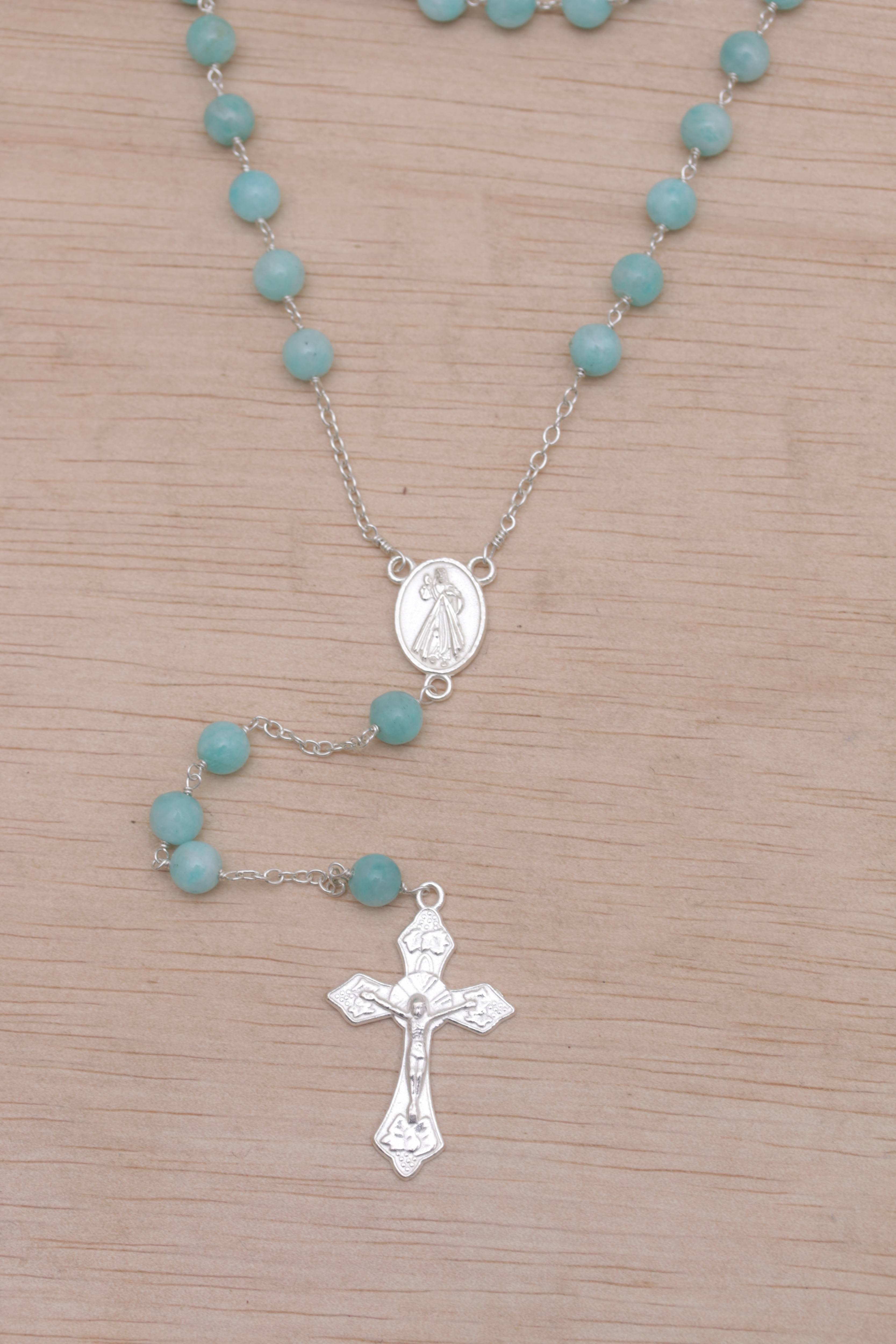 Handmade Amazonite and Sterling Silver Rosary Y-Necklace, "Blessed Mary"