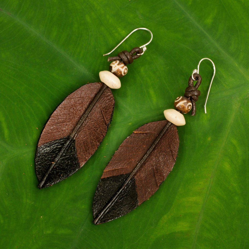 Fair Trade Handmade Leather Earrings from Thailand, "Leaf Feather"