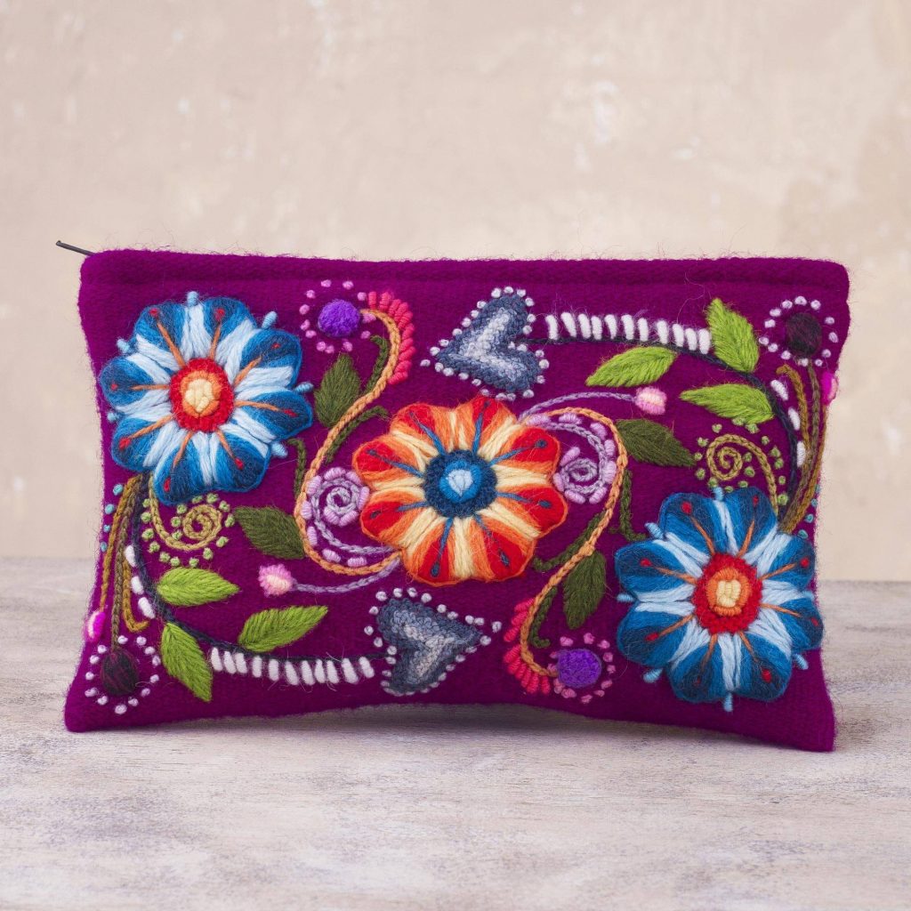 Floral Embroidered Alpaca Blend Clutch in Magenta from Peru, "Magenta Bouquet"