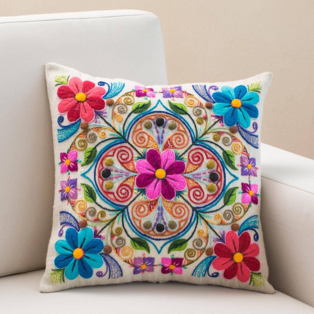 Floral Embroidered Wool and Alpaca Blend Cushion Cover, "Floral Andean Kaleidoscope"