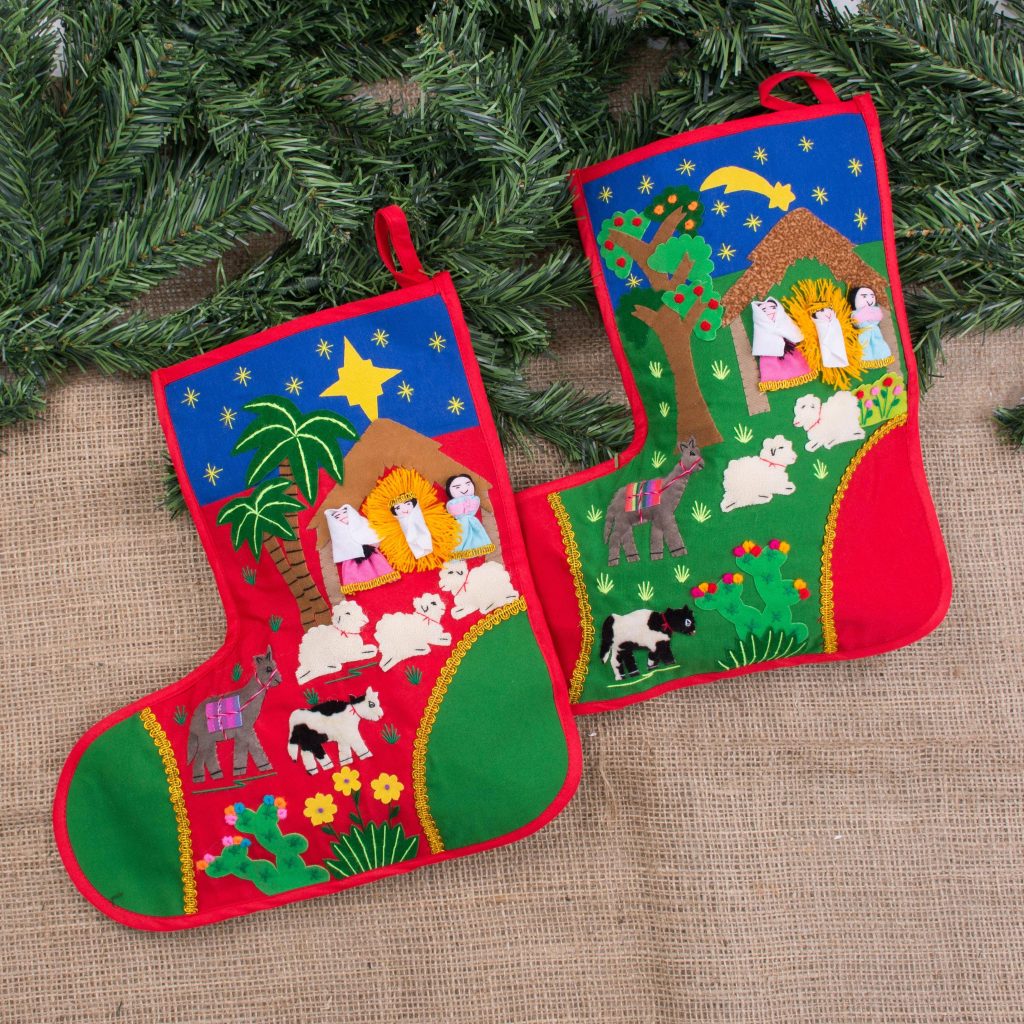 Folk Art Cotton Applique Christmas Stockings (Pair), "Holy Night"