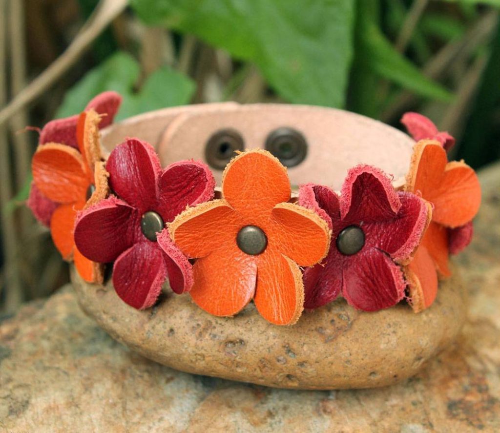 Handcrafted Leather Wristband Bracelet, "Frangipani Fantasy"