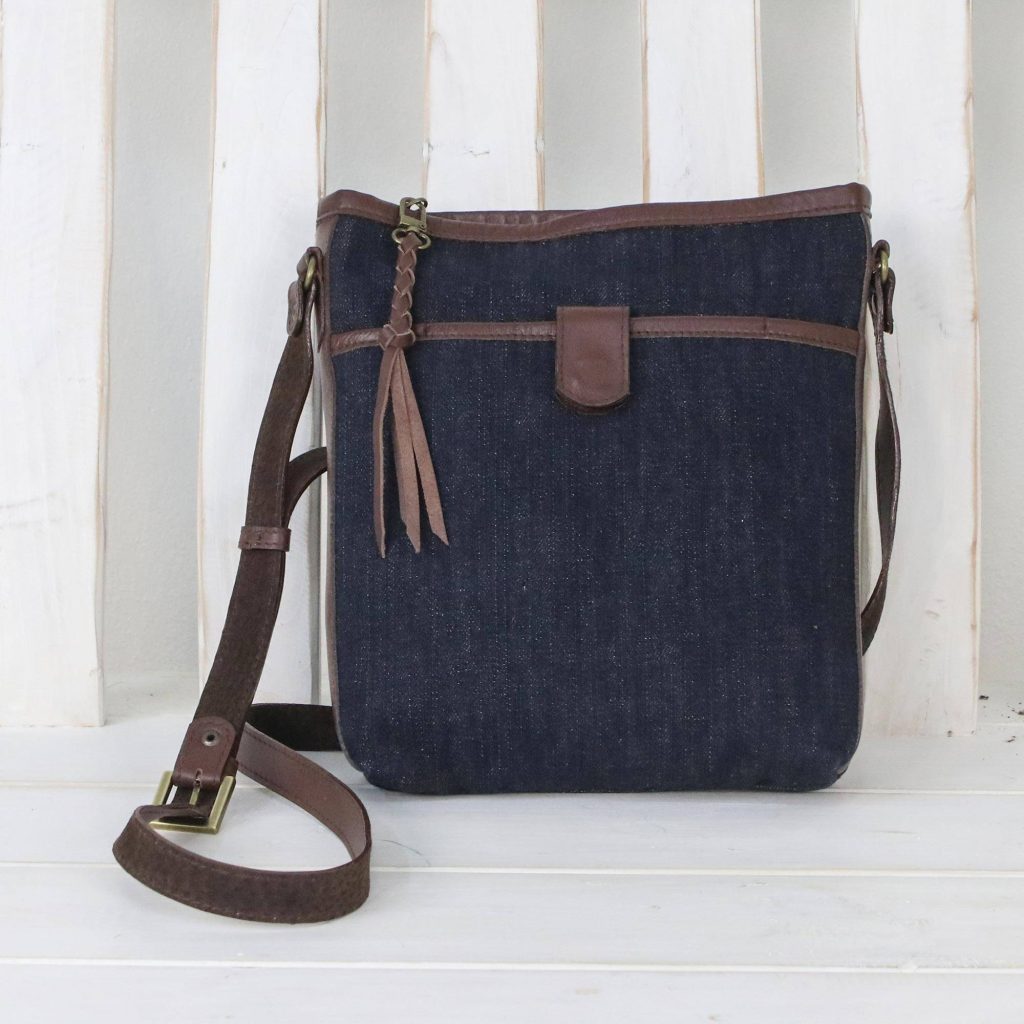 Leather Accent Cotton Denim Sling in Navy from Thailand, "Navy Denim"