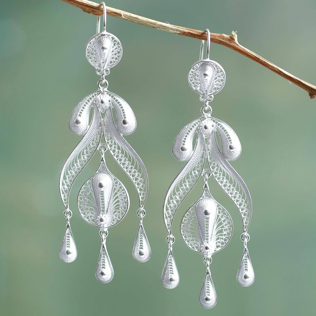 Peruvian Fine 950 Silver Chandelier Earrings, "Filigree Teardrops" Bridal Jewelry