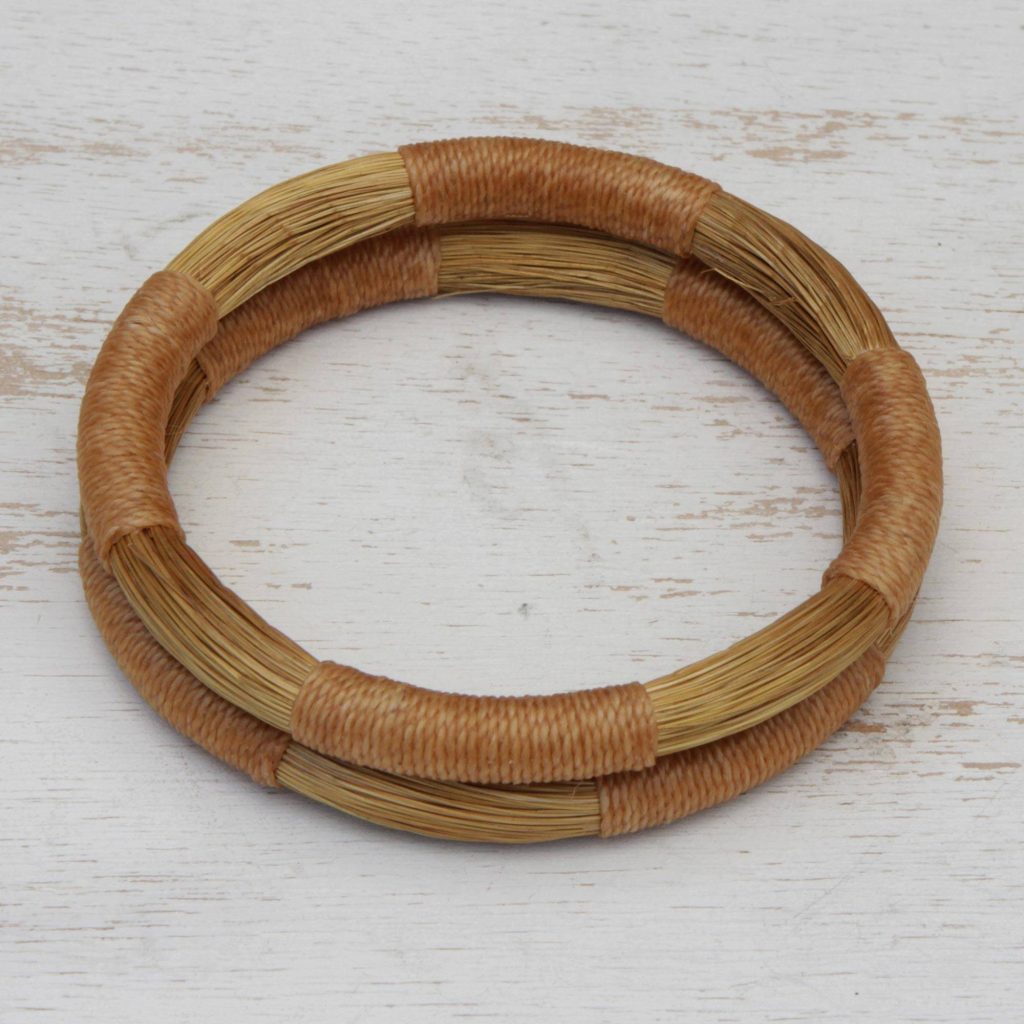 Pair of Handcrafted Golden Grass Bangle Bracelets, "Jalapão Equilibrium"